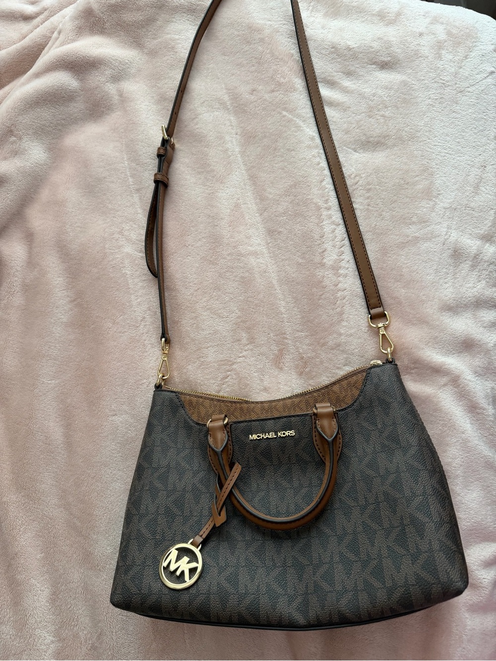 Michael Kors Brown MK Signature Crossbody Satchel with Gold Hardware
